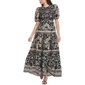 Farm Rio Maxi Floral Black White Printed Puff Sleeve Dress Modest